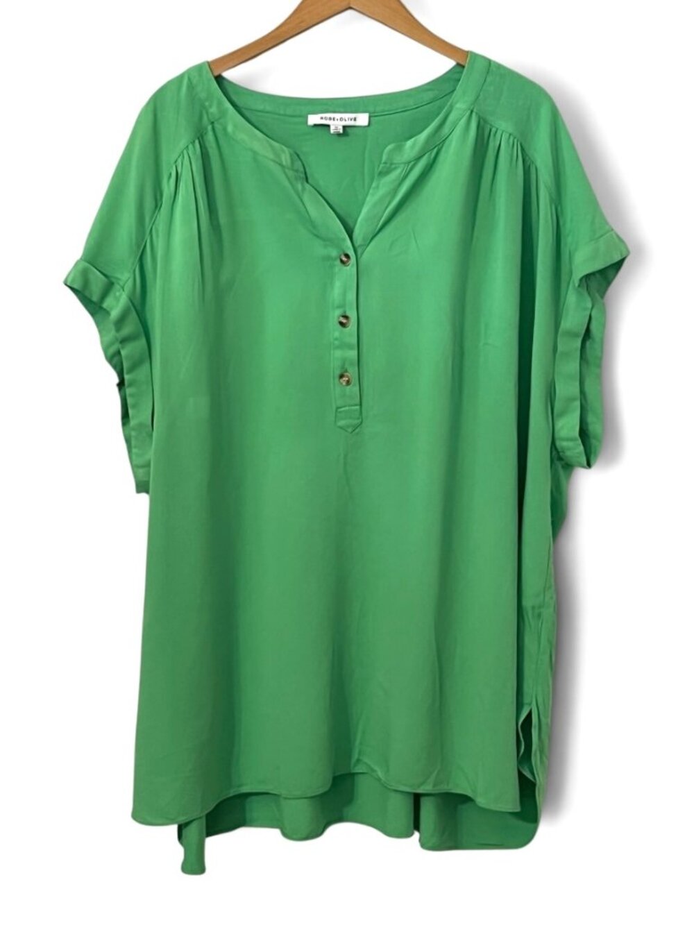 Rose + Olive Green Henley Blouse Shirt 3X Plus Size Rayon Minimalist Casual